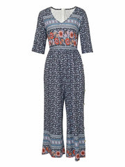 Damski kombinezon w stylu Vintage boho w kwiatowy wzór-V dekolt długie rękawy z kieszeniami