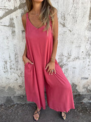 Kombinezon damski z mieszanki bawełny i lnu z kieszeniami i regulowanymi ramiączkami