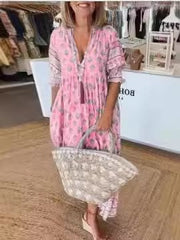 Sukienka w kształcie litery A w stylu boho z kwiatowym dekoltem i wysokim stanem