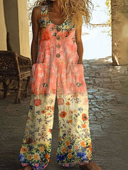 Damski swobodny kombinezon vintage z kwiatowym wzorem patchworkowym