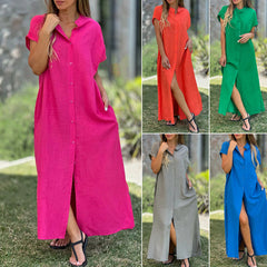 🎀[S-4XL]Damska luźna sukienka koszulowa z rozcięciem z boku, zapinana na guziki