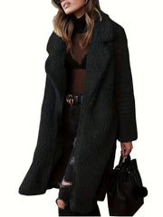 Średniej długości pluszowy płaszcz, swobodna, otwarta z przodu, solidna zimowa odzież wierzchnia, odzież damska