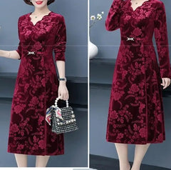 2024👗[XL-5XL]👗2024 złota aksamitna sukienka z długimi rękawami i dekoltem w szpic