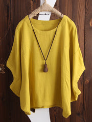 Koszule i topy lniane z okrągłym dekoltem i krótkim rękawem