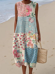 Sukienka damska bez rękawów z nadrukiem i okrągłym dekoltem, wykonana z bawełny i lnu