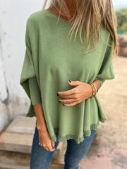 Damski, jesienno-zimowy, luźny sweter z dzianiny z surowymi brzegami