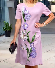 Sukienka swobodna z okrągłym dekoltem i nadrukiem kwiatowym