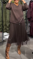 Sukienka damska z bocznym zamkiem błyskawicznym i łatkami