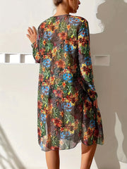 Trzyczęściowy damski komplet bikini z dekoltem w serek i kwiatowym nadrukiem