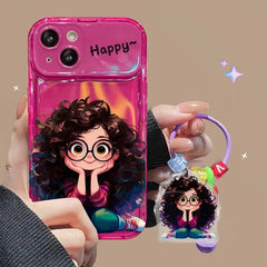 Obudowa iPhone'a gadis kacamata rambut goreng kreatif dengan cermin lipat