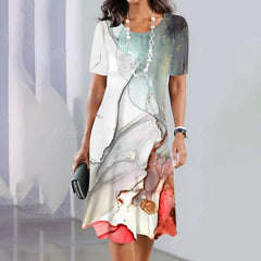 🌸Luźna sukienka z nadrukiem, z krótkim rękawem i okrągłym dekoltem