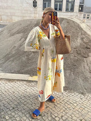 Sukienka midi z lnu z nadrukiem