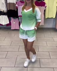 Zestaw sportowy z długim rękawem i dekoltem w serek i gradientem