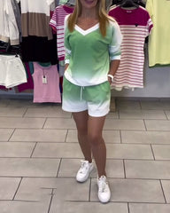 Zestaw sportowy z długim rękawem i dekoltem w serek i gradientem