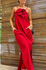 Sukienka maxi z mieszanki lnu, gotowa na wakacje, zdobiona kwiatami, z kieszeniami i rozcięciem