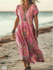 Kobiety z krótkim rękawem Summer Floral Printing Sukienka V Dailk Codziennie wychodzenie na wychodzenie swobodna sukienka T-shirt maxi sukienka H-line