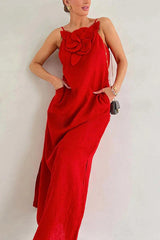 Sukienka maxi z mieszanki lnu, gotowa na wakacje, zdobiona kwiatami, z kieszeniami i rozcięciem