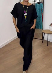 Dwuczęściowy damski top w jednolitym kolorze i luźne spodnie