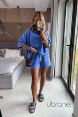 Jednokolorowy, okrągły dekolt, krótki rękaw, elastyczne spodenki, dwuczęściowy zestaw