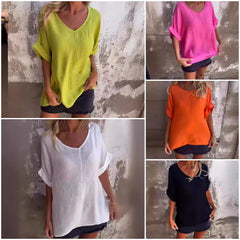 🌿Damska lniana koszulka z dekoltem w serek