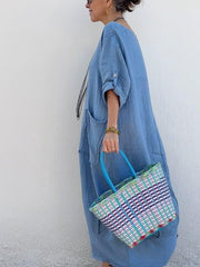 Długa sukienka z bawełny i lnu w stylu patchworku