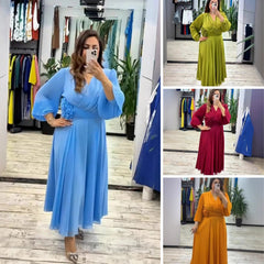 [S-5XL]2025 Nowa elegancka sukienka z dekoltem w serek i wysokim stanem, z długim rękawem i dopasowaną talią