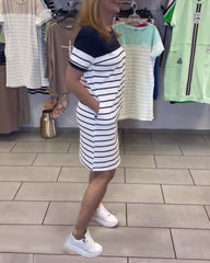 Sukienka w paski, swobodna, z okrągłym dekoltem