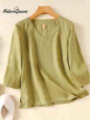 Koszula damska z dekoltem w serek z bawełny i lnu