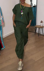 Dwuczęściowy damski top w jednolitym kolorze i luźne spodnie