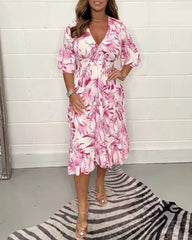 🌺Rozkloszowana sukienka midi z nadrukiem i dekoltem w serek