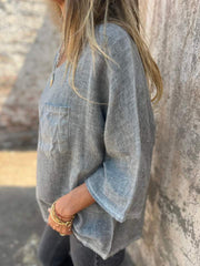 T-shirt z bawełny i lnu, z okrągłym dekoltem i kieszenią