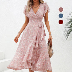 Summer damski elegancki w gardle krawatowej talii Lową kwiatową sukienkę