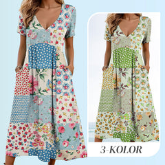 Sukienki Kobiece z Dekoltem w Serek i Krótkim Rękawem w Wzory