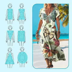 Sukienka damska z luźnym nadrukiem i długim dekoltem w serek