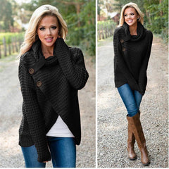 🌟👚Sweter damski o nieregularnym kroju, z wysokim kołnierzem, ozdobiony guzikami