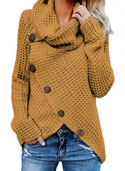 Women's Chunky Button Turtle Cowl Neck Asymmetric Hem Wrap Pullover Sweater