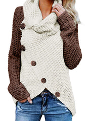 Women's Chunky Button Turtle Cowl Neck Asymmetric Hem Wrap Pullover Sweater