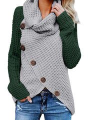 Women's Chunky Button Turtle Cowl Neck Asymmetric Hem Wrap Pullover Sweater