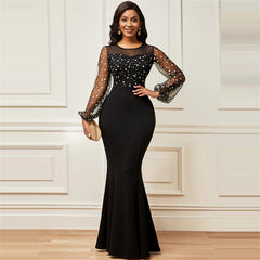 ✨Kropkowa sukienka maxi z kontrastowym siateczką i latarnią, okrągłym dekoltem, na przyjęcie o kroju syreny