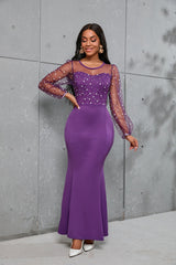 ✨Kropkowa sukienka maxi z kontrastowym siateczką i latarnią, okrągłym dekoltem, na przyjęcie o kroju syreny