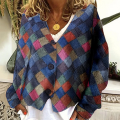 🥳Kardigan marynarski z kolorowym nadrukiem w romby i dekoltem w szpic