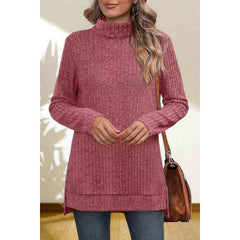 🍂👚✨Damski T-shirt w paski z wysokim kołnierzem i rozcięciem